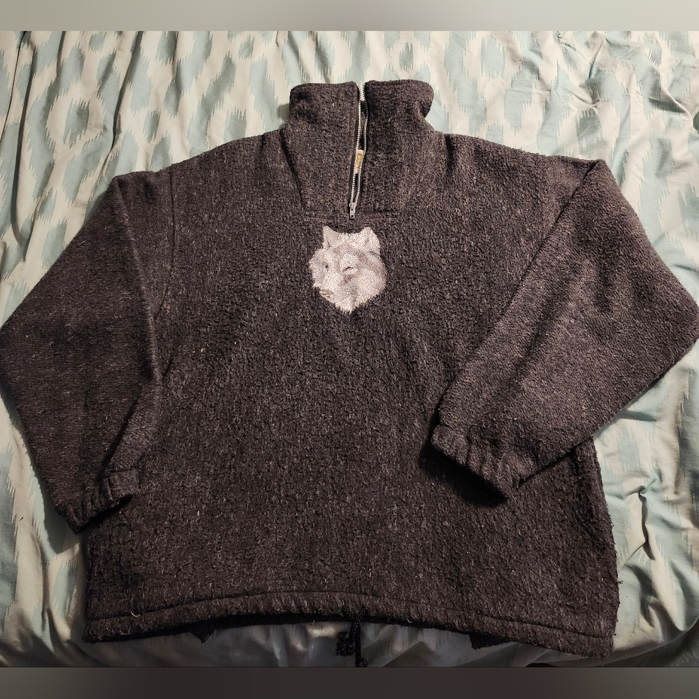 Earth Ragz Blanket Sweater Pullover 1/4 zip‎ With Wolf Embroidery Men's Size XL.